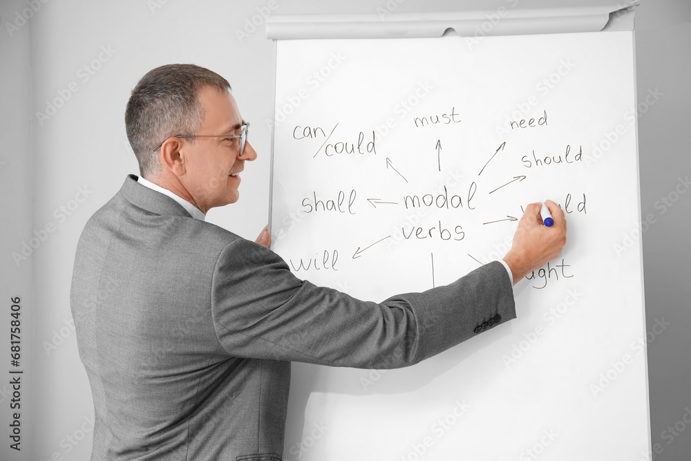 Male teacher writing English grammar on flip chart in classroom Male teacher writing English grammar on flip chart in classroom