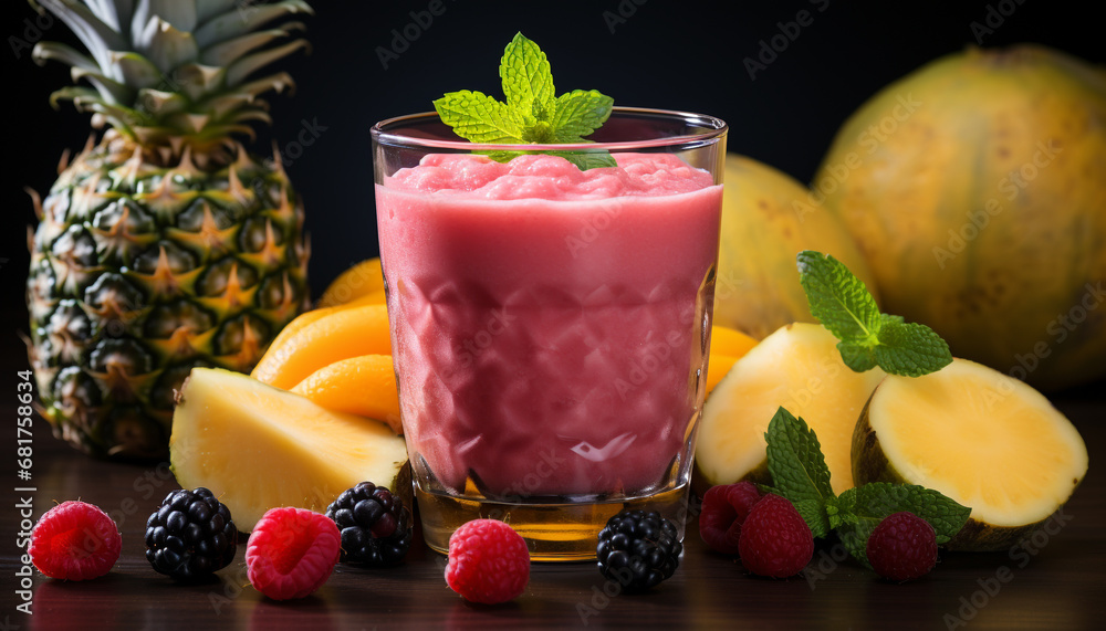Freshness in a glass healthy cocktail with raspberry and mint generated by AI Freshness in a glass healthy cocktail with raspberry and mint generated by AI