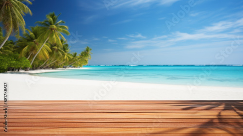 Empty table, sea and palm trees in blurred background