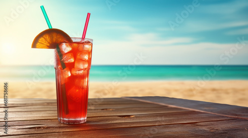 Red cocktail on table, sea in the background