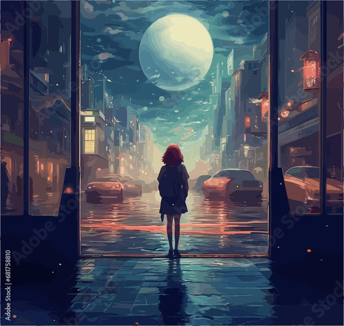 Fototapeta Naklejka Na Ścianę i Meble -  anime girl walking on city street big moon