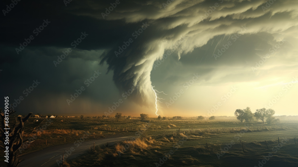 Obraz premium Huge supercell, tornado over farmland