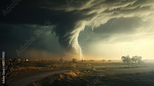 Huge supercell, tornado over farmland
