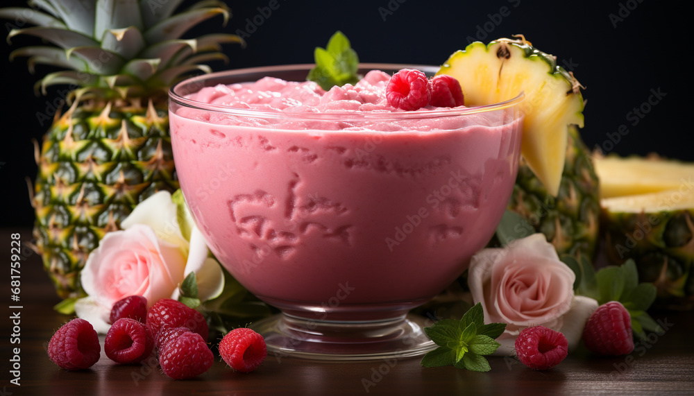 Fresh raspberry dessert, a sweet and healthy indulgence generated by AI Fresh raspberry dessert, a sweet and healthy indulgence generated by AI