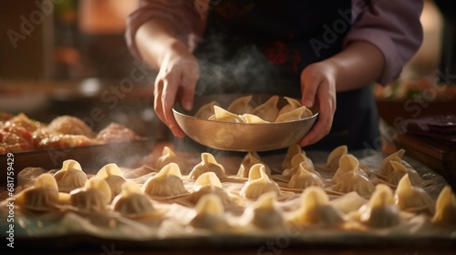 Chef's hands mould tasty gyoza. Tasty homemade food, Japanese cuisine. A woman chef cooks gyoza in the kitchen of a restaurant photo