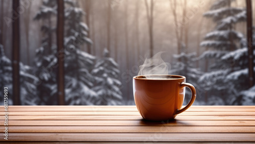 Photo of a mug of hot tea standing on a wooden surface on a winter forest background.