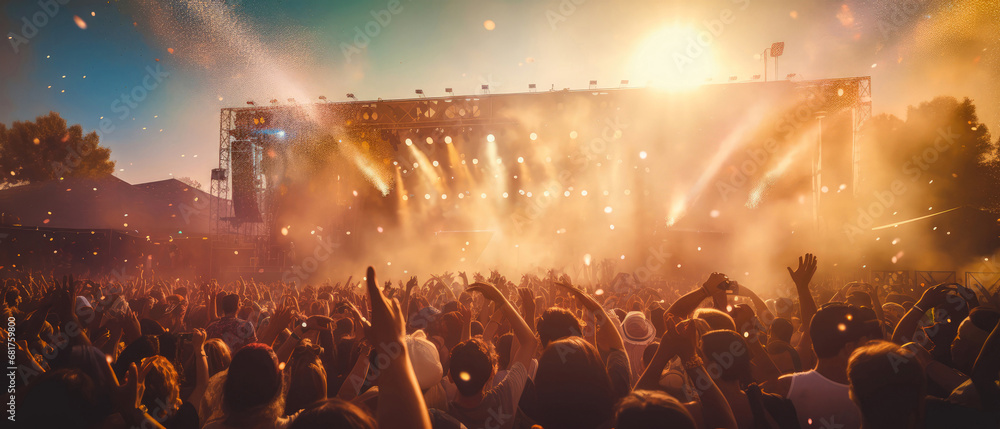 Music concert,festival, open air background.stage with searchlight, colorful confetti, bokeh. instrumental music.Cheering crowd with raised hands.Silhouette of people in front the scene.Generative ai. - obrazy, fototapety, plakaty 
