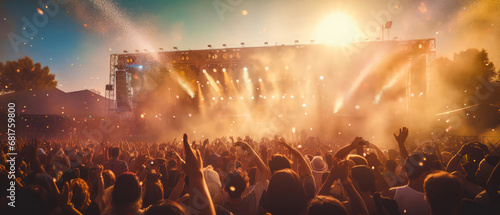 Music concert,festival, open air background.stage with searchlight, colorful confetti, bokeh. instrumental music.Cheering crowd with raised hands.Silhouette of people in front the scene.Generative ai. photo