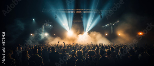 Big concert stage with rays, searchlight. live music, instrumental, rock n roll session. Cheering crowd with raised hands. Silhouette of people in front the scene. festival background. Generative ai. photo