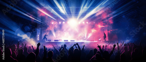 Big concert stage with rays, searchlight. live music, instrumental, rock n roll session. Cheering crowd with raised hands. Silhouette of people in front the scene. festival background. Generative ai.