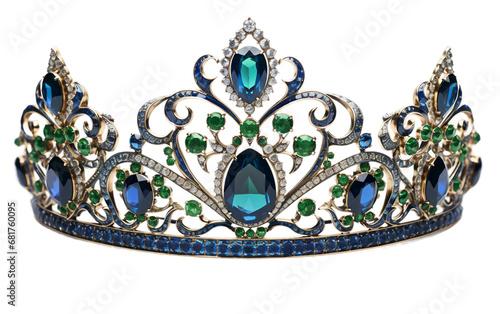 Colorful Beautiful Royal Tiara with Emeralds Isolated on Transparent Background PNG.