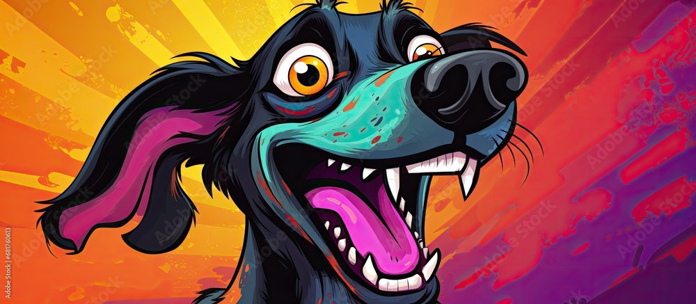 The artist's hand skillfully creates a retro cartoon illustration of a funny dog character with a wagging tongue, drawn in a freehand style using vibrant colors and gradient spectrum, showcasing their