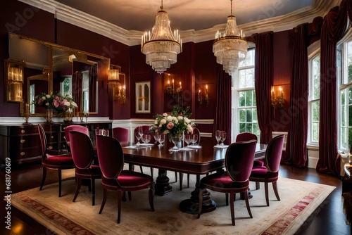 interior of a luxury restaurant, A formal dining room with an elegant mahogany dining table