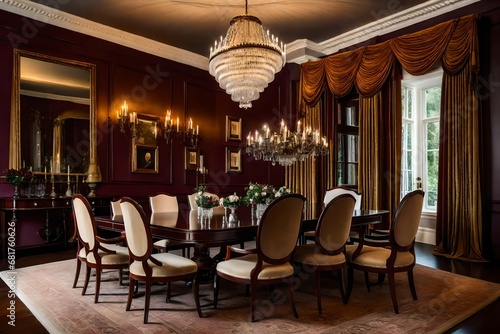 interior of a luxury hotel, A formal dining room with an elegant mahogany dining table