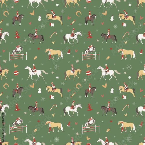 Riding school at Christmas and New Year, seamless vector pattern