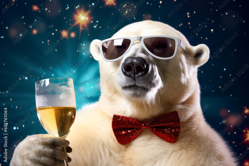 Polar bear drinking champagne on New Year's Eve party