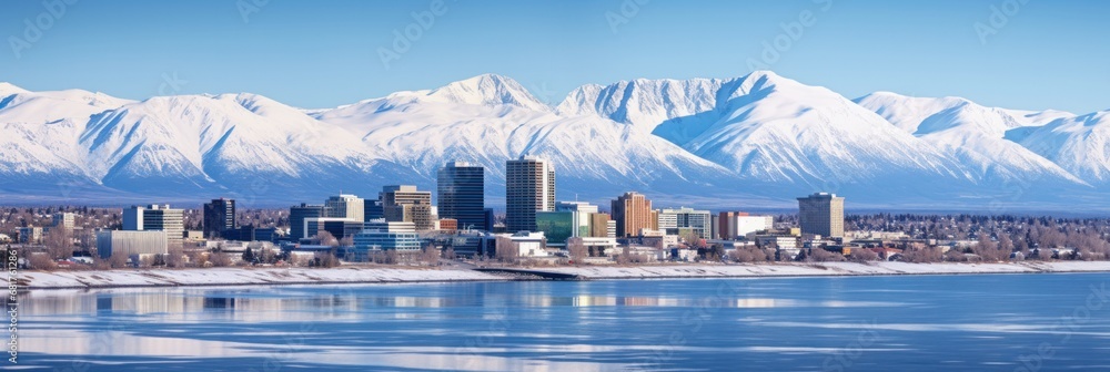 Stunning Sunset Skyline of Cook Inlet Anchorage Alaska's Downtown City Landscape featuring Buildings, Mountains, and Sea.