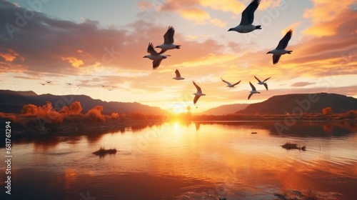 Geese Silhouette Majestic Mountains in Autumn Sunrise Flight
