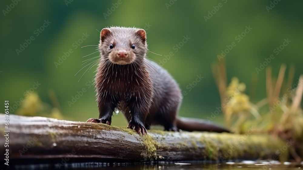 Wild American Mink Standing Tall on a Rustic Log Outdoors Wild American Mink Standing Tall on a Rustic Log Outdoors