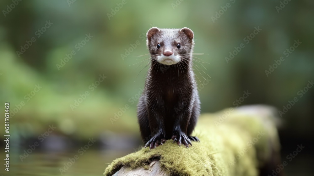 Adult American Mink standing tall on a Log in Natural Habitat Adult American Mink standing tall on a Log in Natural Habitat