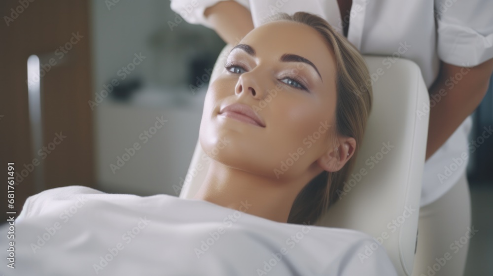 Beautician Examining Woman's Face with Dermatology Tools at Cosmetologist Office Beautician Examining Woman's Face with Dermatology Tools at Cosmetologist Office