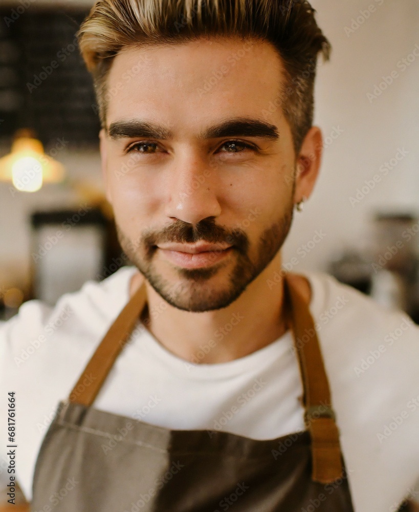 Obraz premium Man working at coffee shop wearing apron, face expression closeup portrait
