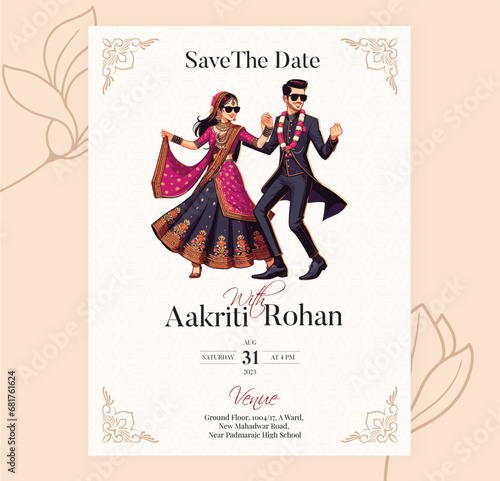 Vector traditional royal wedding invitation card design with Indian Bride and Groom dancing