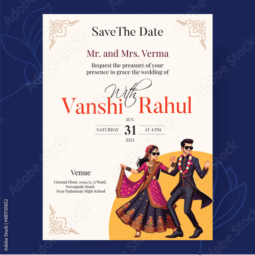 Vector traditional royal wedding invitation card design with Indian Bride and Groom dancing