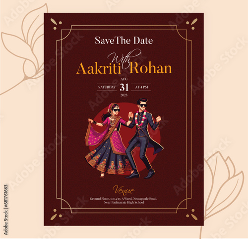 Vector traditional royal wedding invitation card design with Indian Bride and Groom dancing