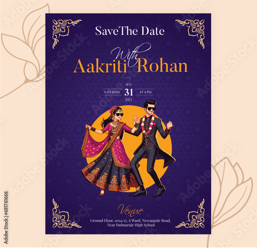 Vector traditional royal wedding invitation card design with Indian Bride and Groom dancing