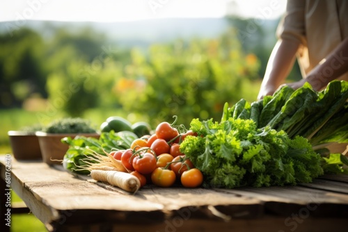 Unidentified chef picking ripe vegetables in a lush organic farm surrounded by scenic landscapes photo