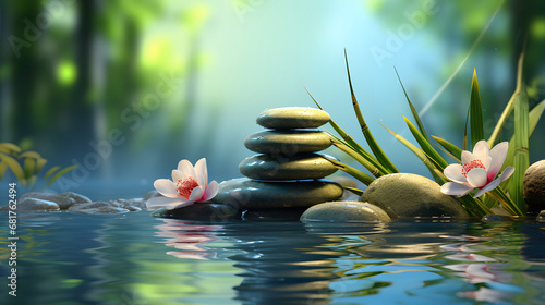 a stack or pyramid of stones, bamboo stalks near the water. a balancing pebble stone. the concept of relaxation. photo