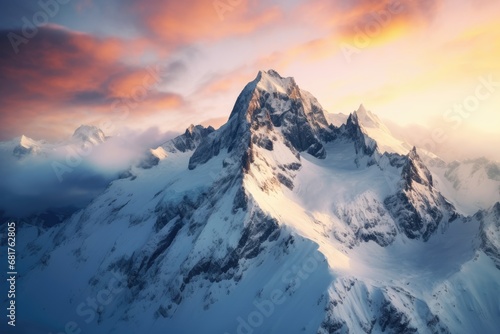 Sunrise illuminates a snow-covered mountain peak amidst clouds.