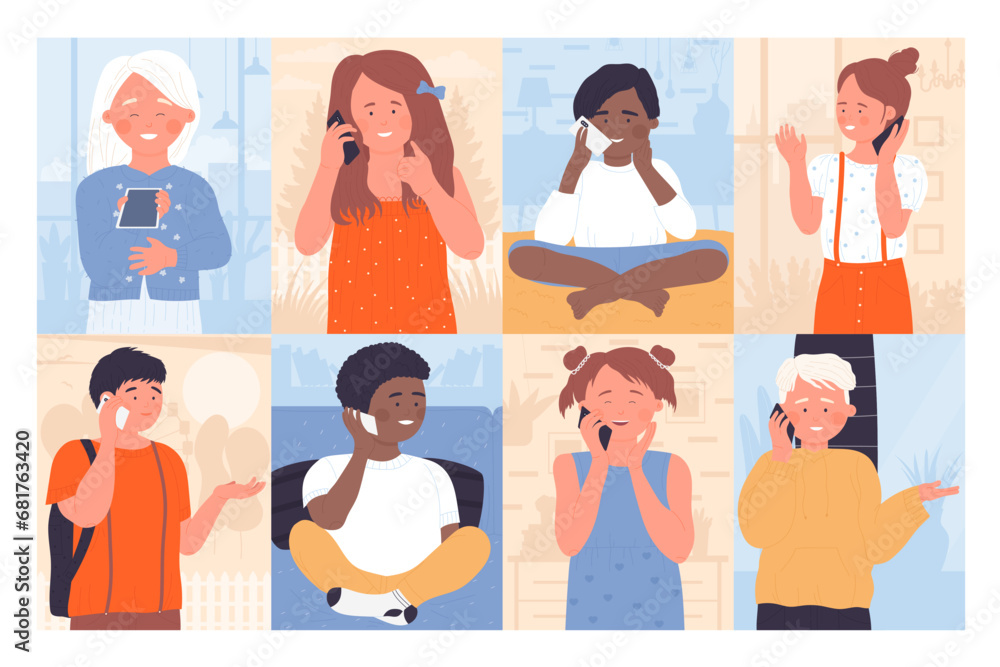 Kids talk phones set vector illustration. Cartoon little boy and girl call on telephone for positive conversation with friends or family, happy cute child holding cellphone in hands or ear and talking Kids talk phones set vector illustration. Cartoon little boy and girl call on telephone for positive conversation with friends or family, happy cute child holding cellphone in hands or ear and talking