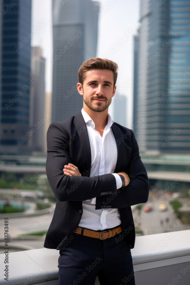 A handsome entrepreneurs is standing in front of tall buildings and look forward to the future with confidence. Business vibe A handsome entrepreneurs is standing in front of tall buildings and look forward to the future with confidence. Business vibe