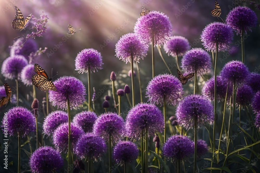 lavender field in region, A lush flowerbed bursting with vibrant purple allium flowers and fluttering butterflies - obrazy, fototapety, plakaty 