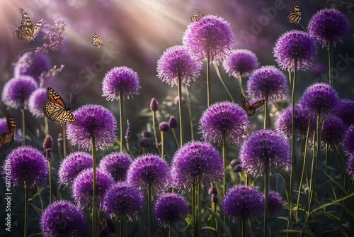 lavender field in region, A lush flowerbed bursting with vibrant purple allium flowers and fluttering butterflies photo