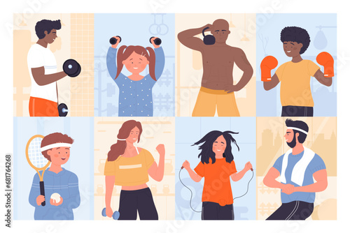 Sport workout and healthy physical exercises of people in gym set vector illustration. Cartoon characters training body muscles with motivation, holding dumbbell and ball, tools in fitness club