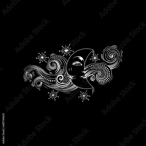 Silhouette of the mystical Moon, contours. Monochrome drawing. Design for a scarf, tablecloth for fortune telling, for Tarot, predictions. Black and white illustration