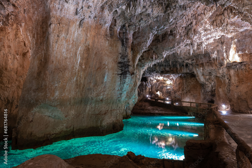 Inner lake of Valporquero Cave, Leon in Spain