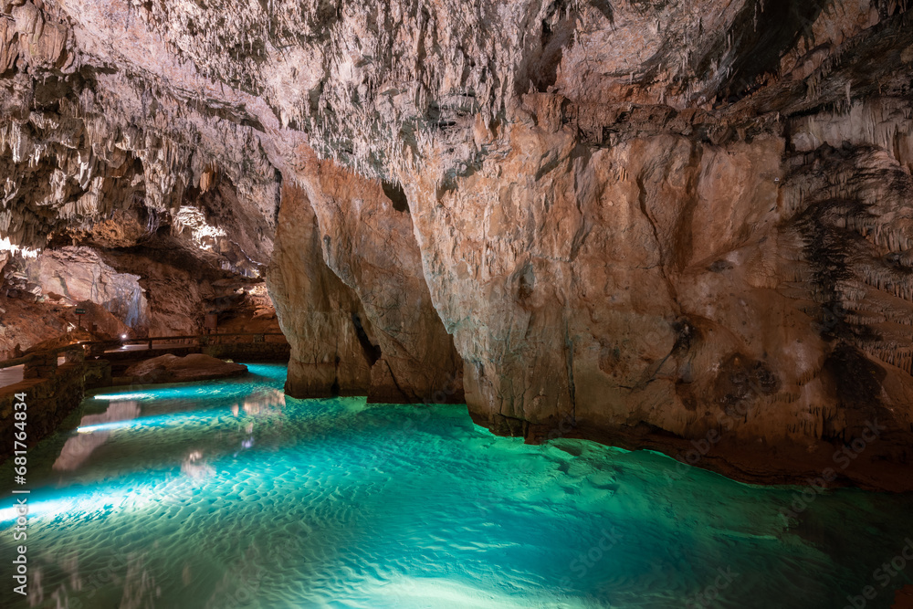 Inner lake of Valporquero Cave, Leon in Spain Inner lake of Valporquero Cave, Leon in Spain