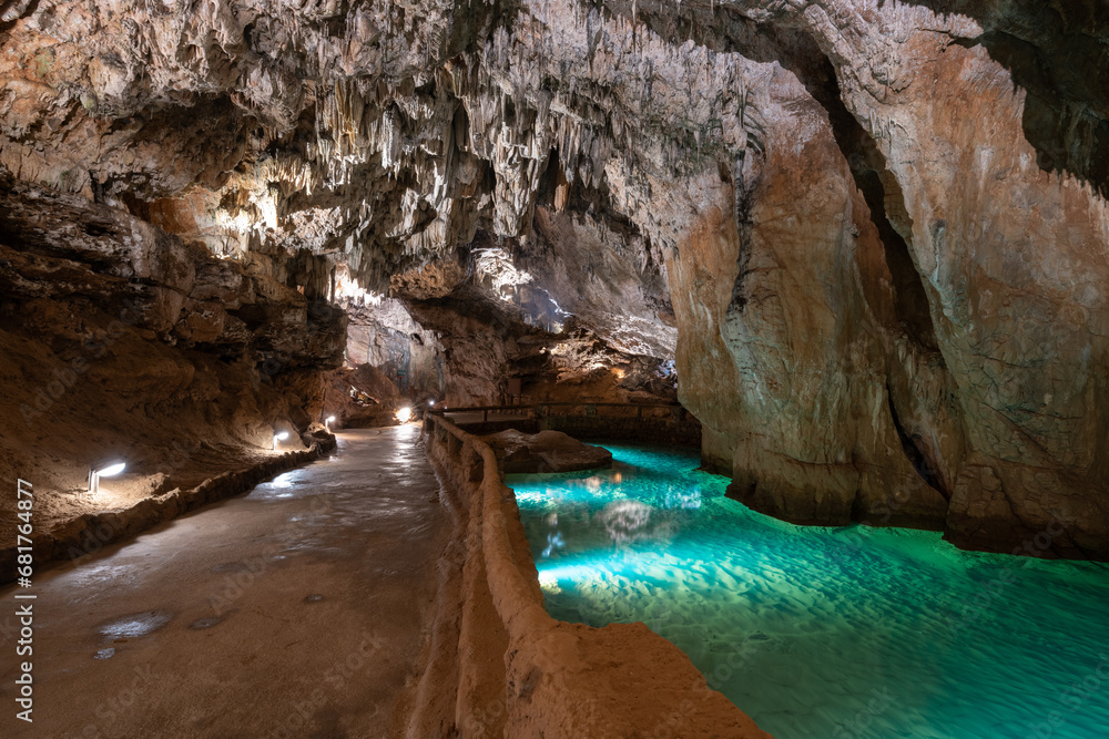 Inner lake of Valporquero Cave, Leon in Spain