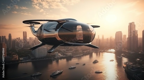 Passenger transportation of the future. Air vehicle, flying car drone air taxi. Electric eco self-driving passenger drone aircraft flying in the sky above the city. Sci fi ship futuristic future photo