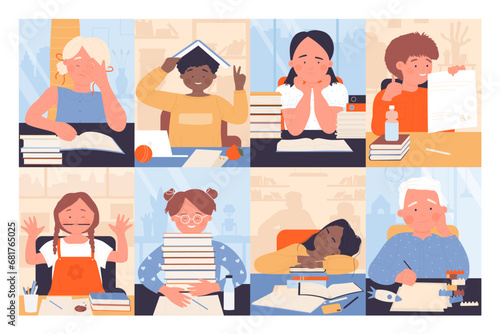 Sad and happy school students studying set vector illustration. Cartoon boy and girl read books or play on lesson in classroom, proud nice exam test results, relax of sleepy lazy child at table