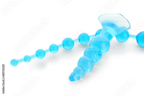 Blue anal plugs from sex shop on white background