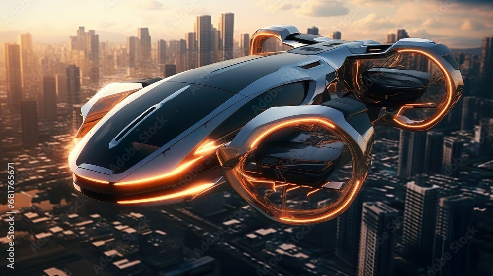 Passenger transportation of the future. Air vehicle, flying car drone air taxi. Electric eco self-driving passenger drone aircraft flying in the sky above the city. Sci fi ship futuristic future Passenger transportation of the future. Air vehicle, flying car drone air taxi. Electric eco self-driving passenger drone aircraft flying in the sky above the city. Sci fi ship futuristic future