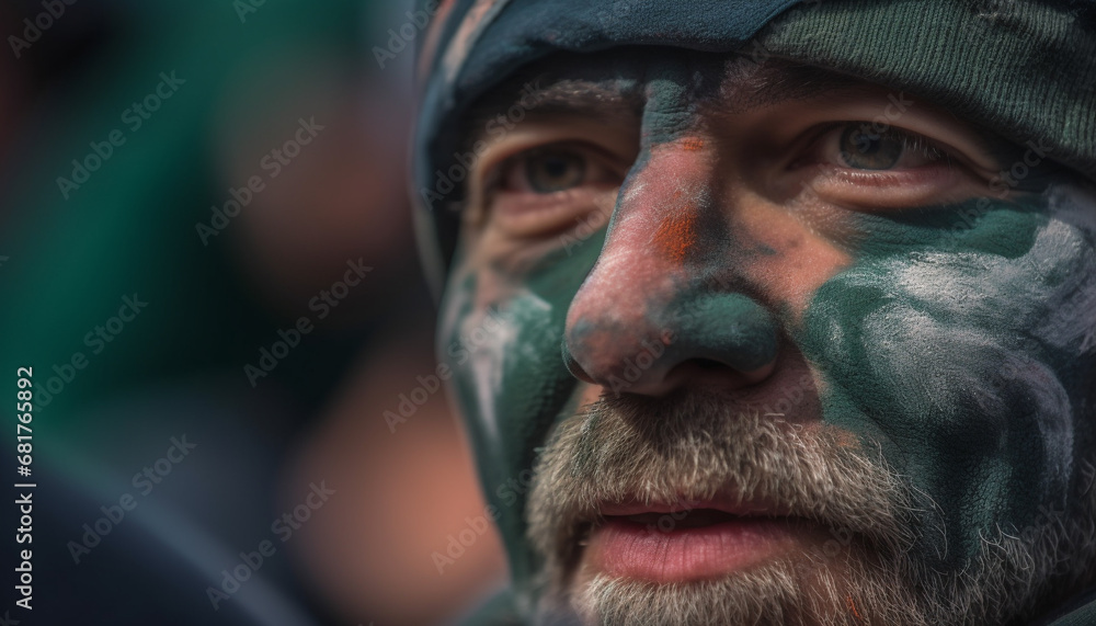 One serious young adult man in camouflage looking at camera generated by AI One serious young adult man in camouflage looking at camera generated by AI