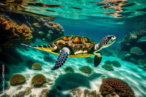 sea turtle swimming in water, A magnificent green sea turtle gracefully glides through the crystal-clear waters of a vibrant coral reef