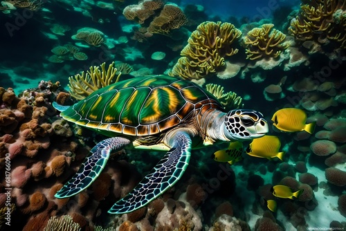 turtle swimming in the sea  A magnificent green sea turtle gracefully glides through the crystal-clear waters of a vibrant coral reef