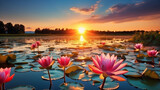 Landscape sunset on lake with beautiful pink lotus flowers, concept Vesak day